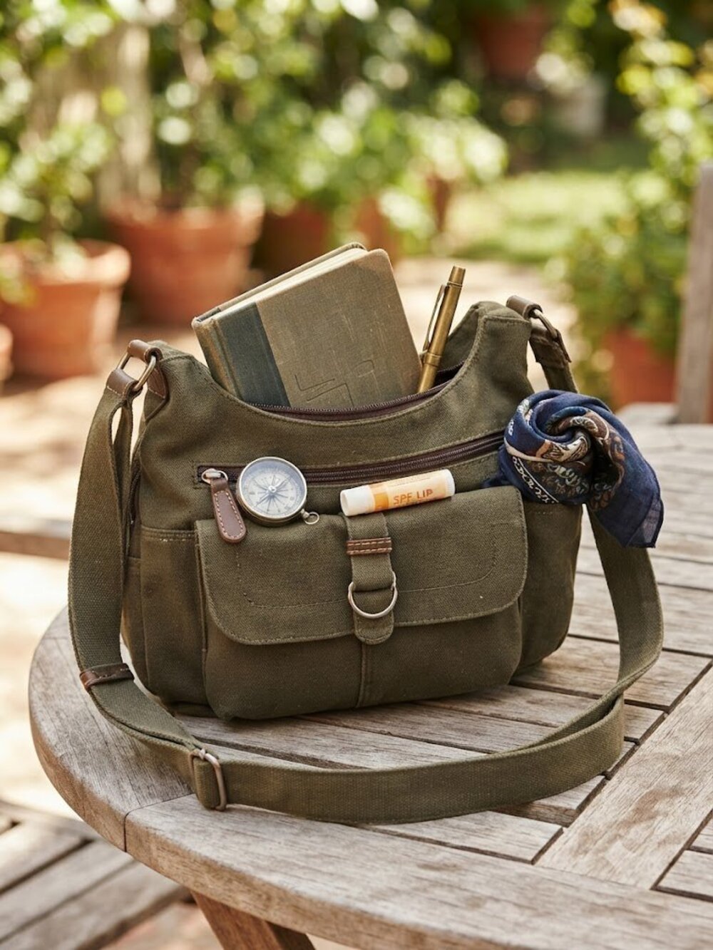 Utility Crossbody Bag | Olive Green Canvas | Multi-Pocket Hobo